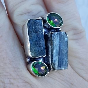New Natural Kyanite & Mystic Topaz 925 Silver Ring.